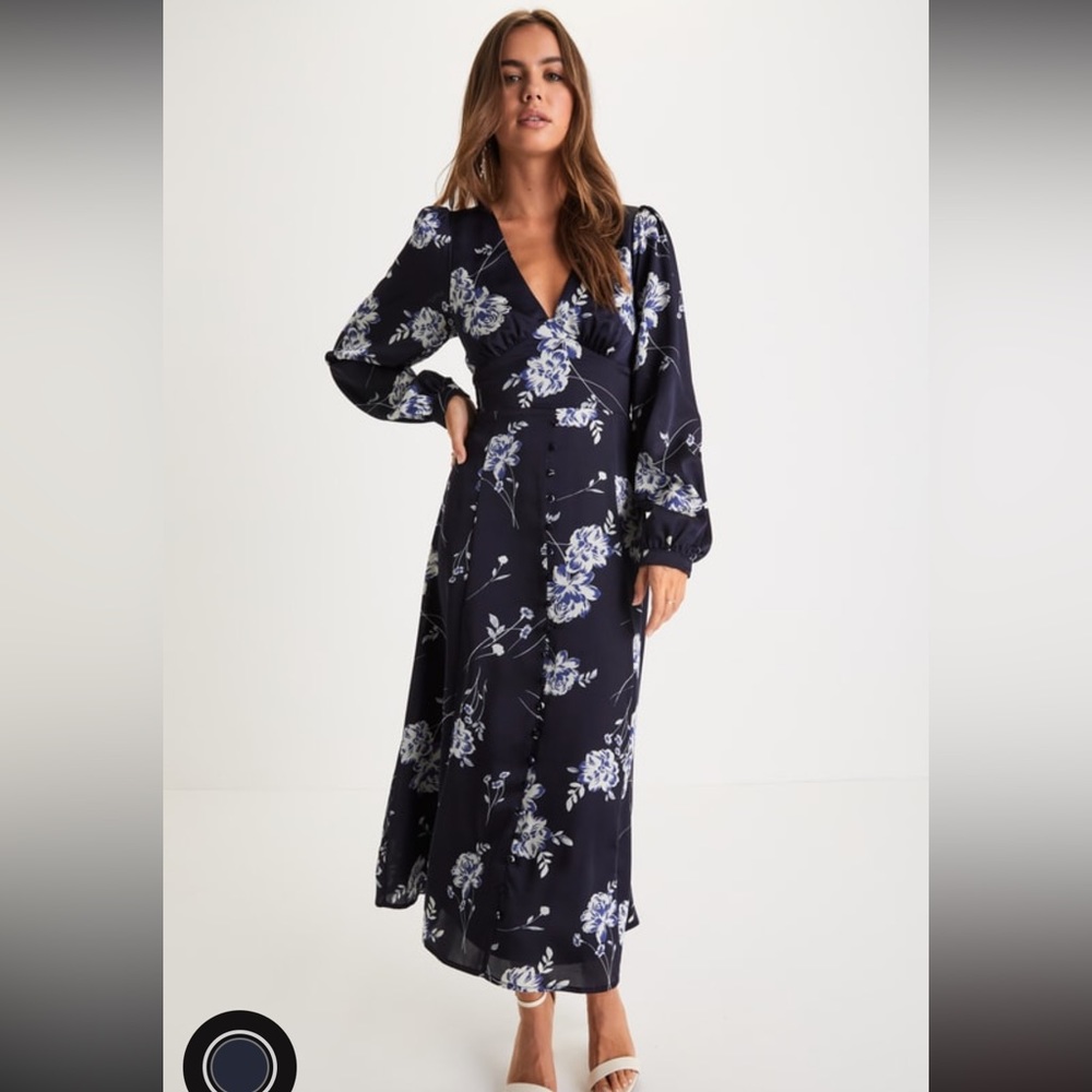 Lulus Beautiful Details Navy Blue Floral Long Sleeve Midi Dress